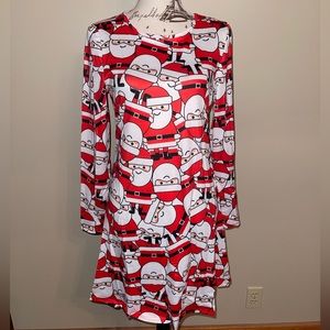 Santa Printed Christmas Dress with Long Sleeves